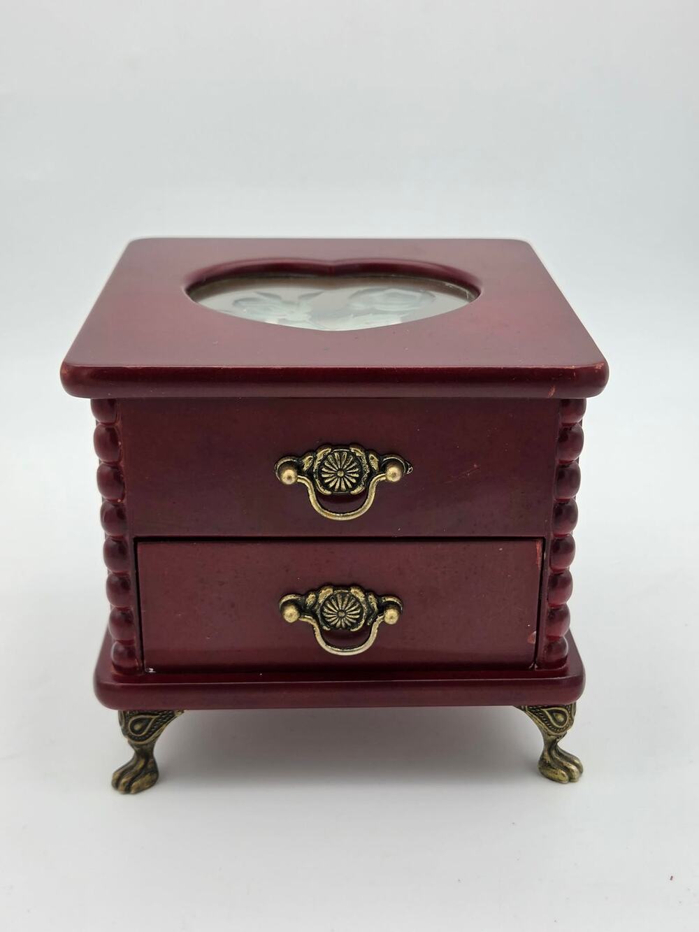 Vintage 1990s Wooden Jewelry Box Etched Glass Rose Heart Chery Wood